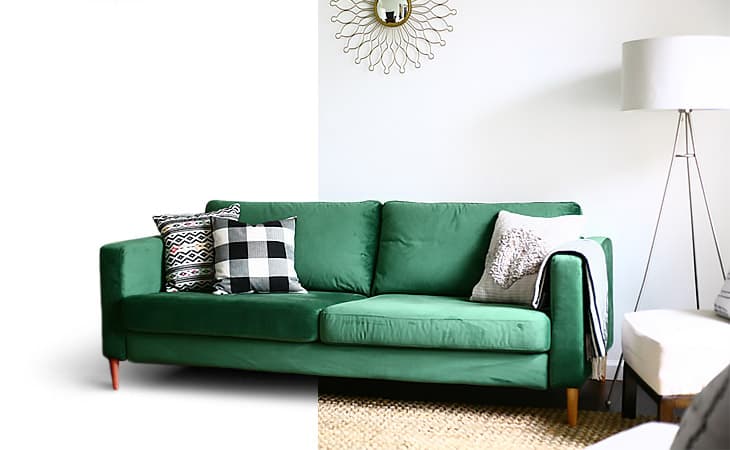 IKEA Karlstad sofa in velvet green (Rouge Emerald) custom sofa covers. Slipcovers made by Comfort Works